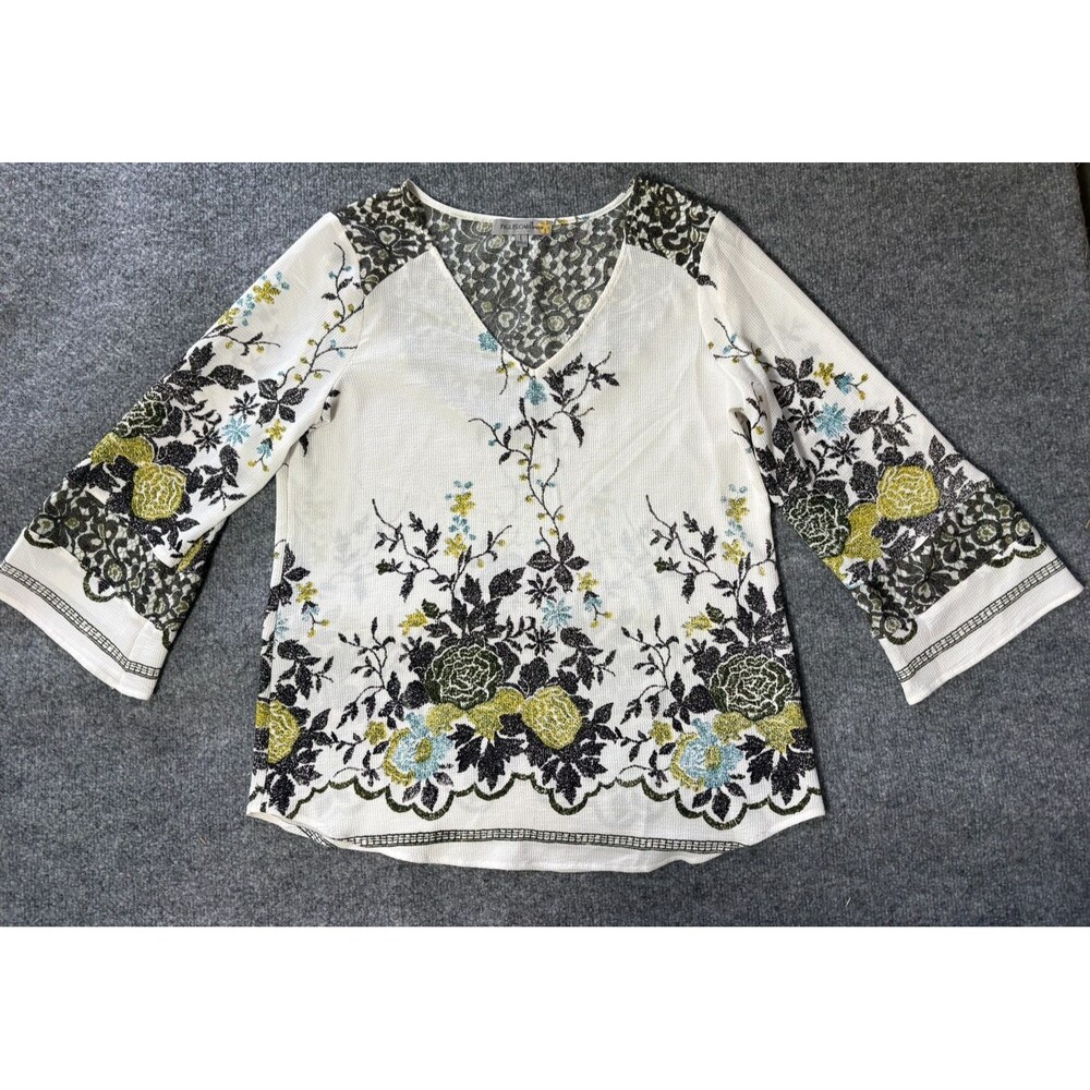 Figueroa and Flower Top Womens Large Long Sleeve Floral White Blouse Shirt